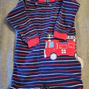 Carter's Navy and Red Striped One Piece with Fire Truck, Footed
